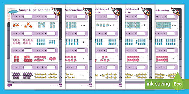 Single Digit Addition and Subtraction Worksheet With Picture