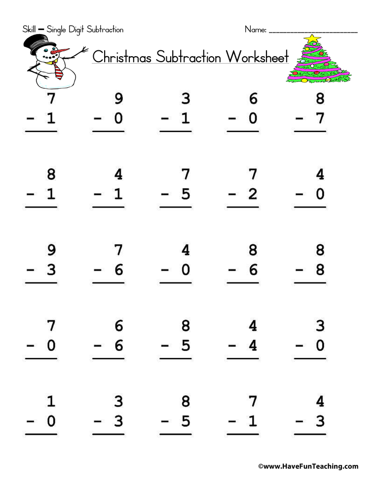 subtraction worksheet single