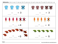 Printable count and subtract (take away) worksheets for preschools