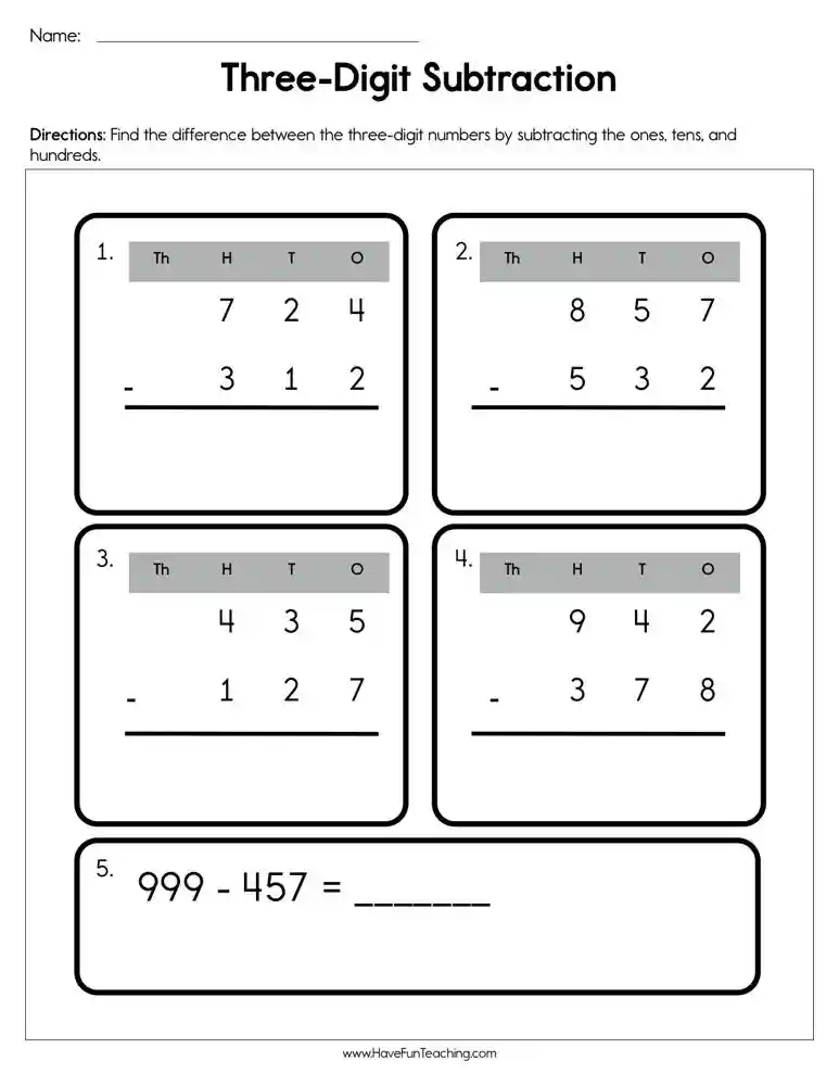 Three Digit Subtraction Worksheet