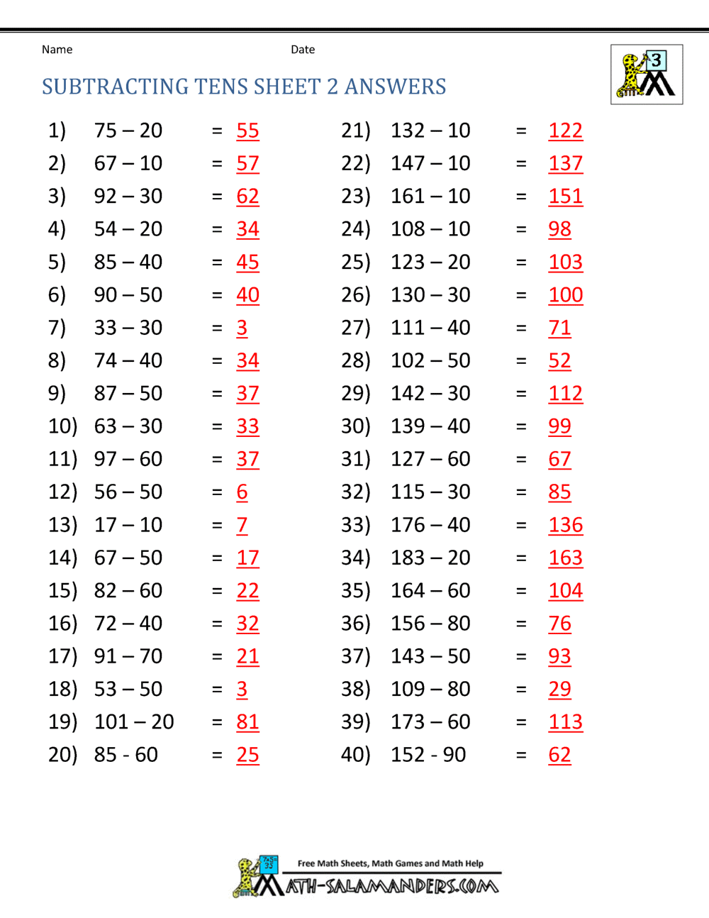 Third Grade Subtraction Worksheets