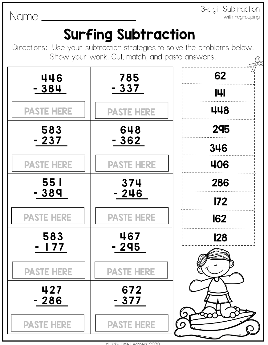 subtraction worksheet three digit numbers