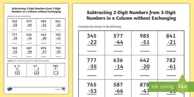 Subtracting 2-Digit Numbers from 3-Digit Numbers Worksheet