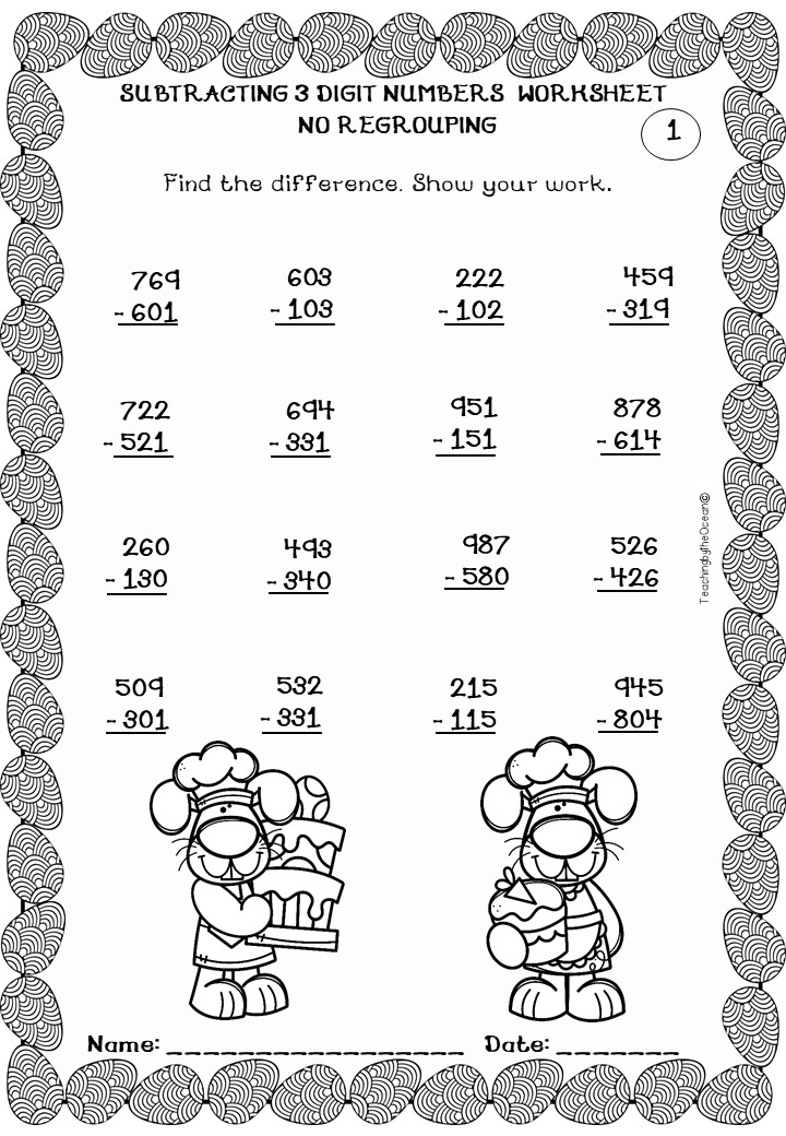 Subtracting 3 Digit Numbers Worksheets - Easter
