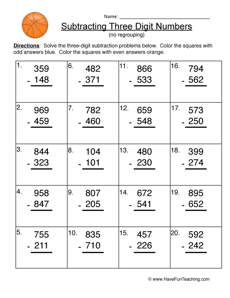 Triple Digit Subtraction No Regrouping Worksheet  