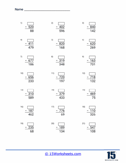 3 Digit Subtraction Worksheets - 15 Worksheets Library