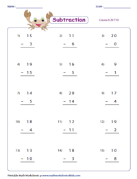 subtraction worksheet through 20