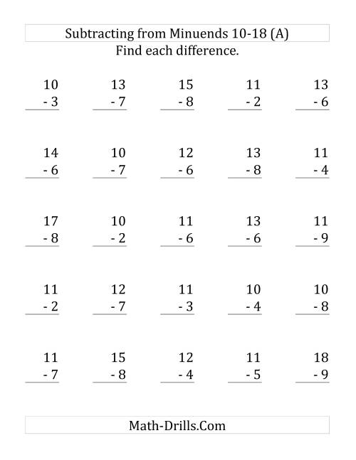 subtraction worksheet to 18