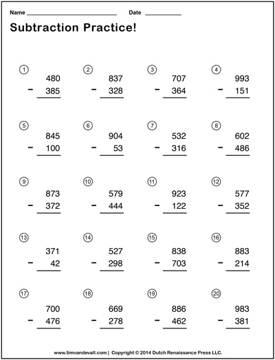 Triple Digit Subtraction Worksheets - Tims Printables