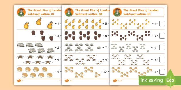 The Great Fire of London Subtraction within 10, 20 and 30 Worksheets