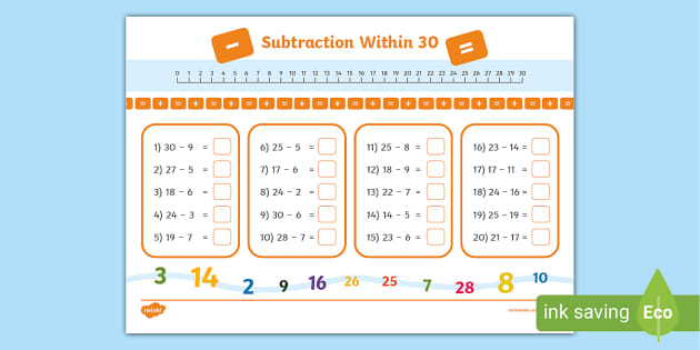 Subtraction Within 30 Worksheet (teacher made) - Twinkl