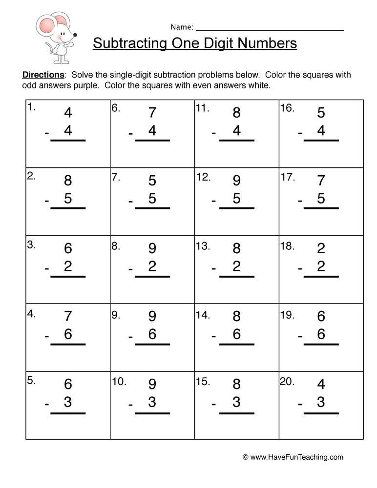 subtraction worksheet two digit minus one digit