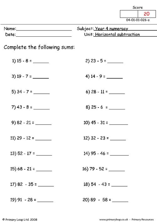 Numeracy: Horizontal subtraction | Worksheet | PrimaryLeap.co.uk