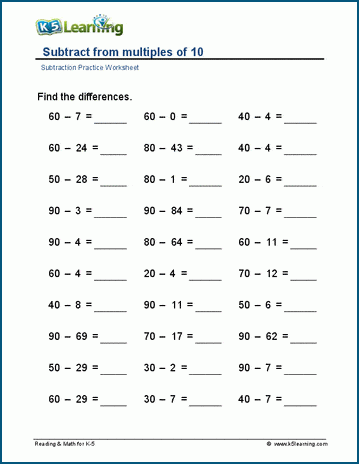 subtraction worksheet up to 10