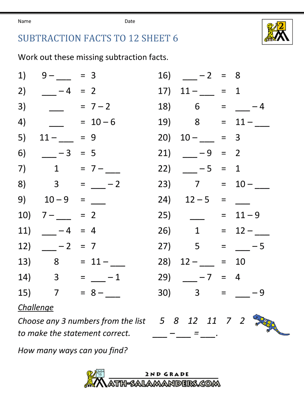subtraction worksheet up to 12