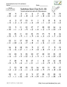 subtraction worksheet up to 18