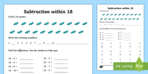 subtraction worksheet up to 18