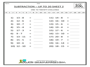 Subtraction Up to 20 — Sheet 2 Worksheet for 1st - 2nd Grade ...