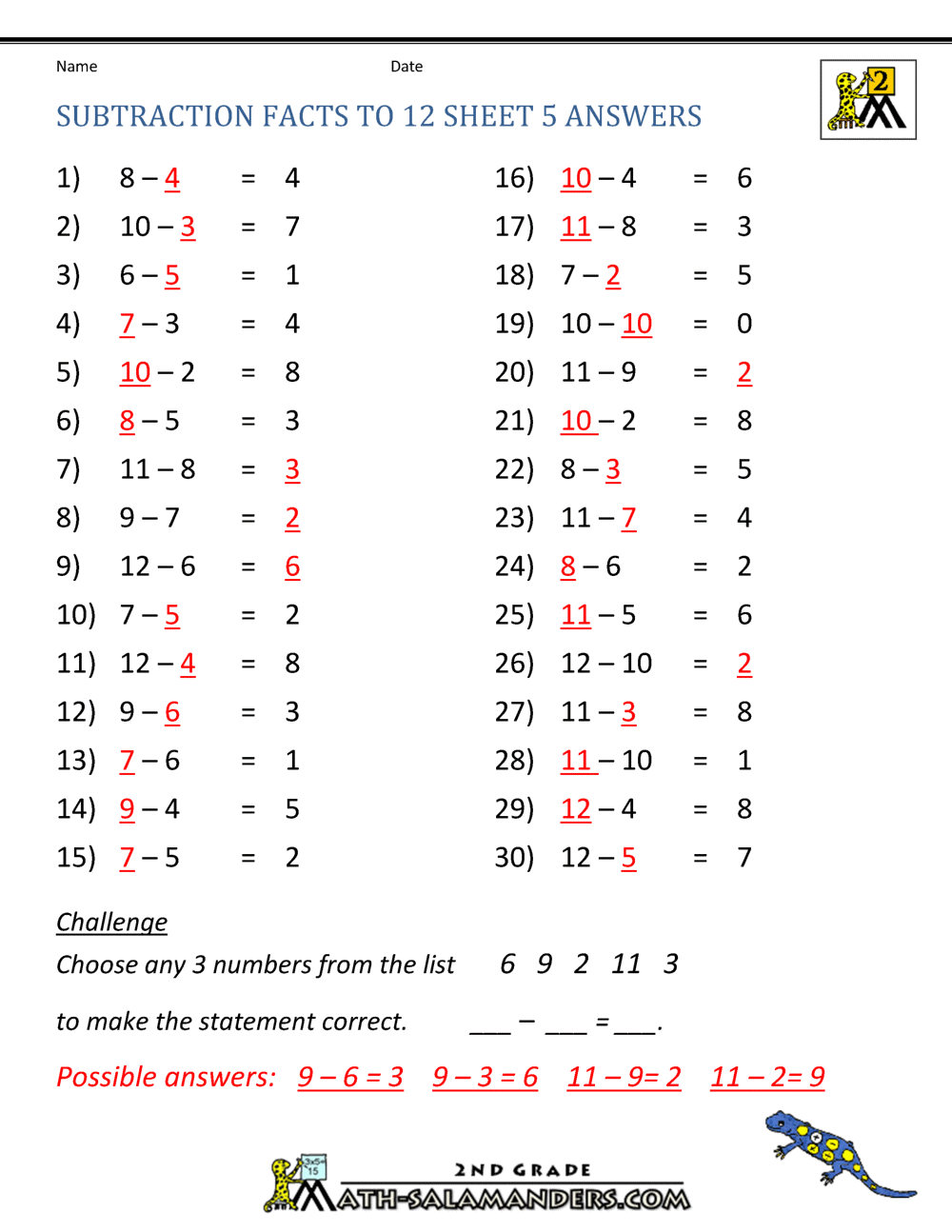 Free Subtraction Worksheets to 12
