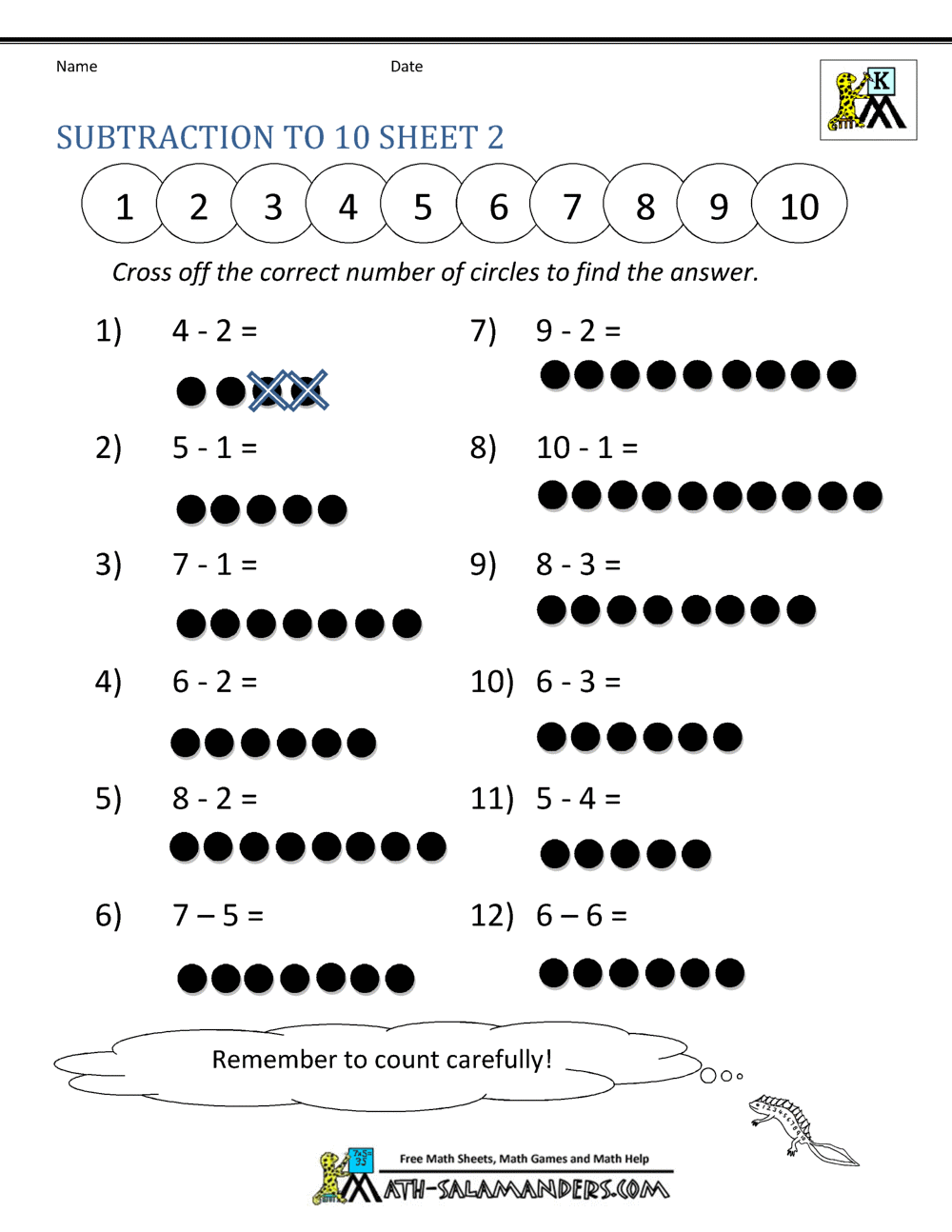 Subtraction to 10 Worksheets