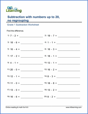 Subtracting numbers up to 20 (no regrouping) - grade 1 worksheets ...