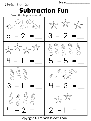 Free Kindergarten Subtraction Worksheet - Under The Sea - Free ...