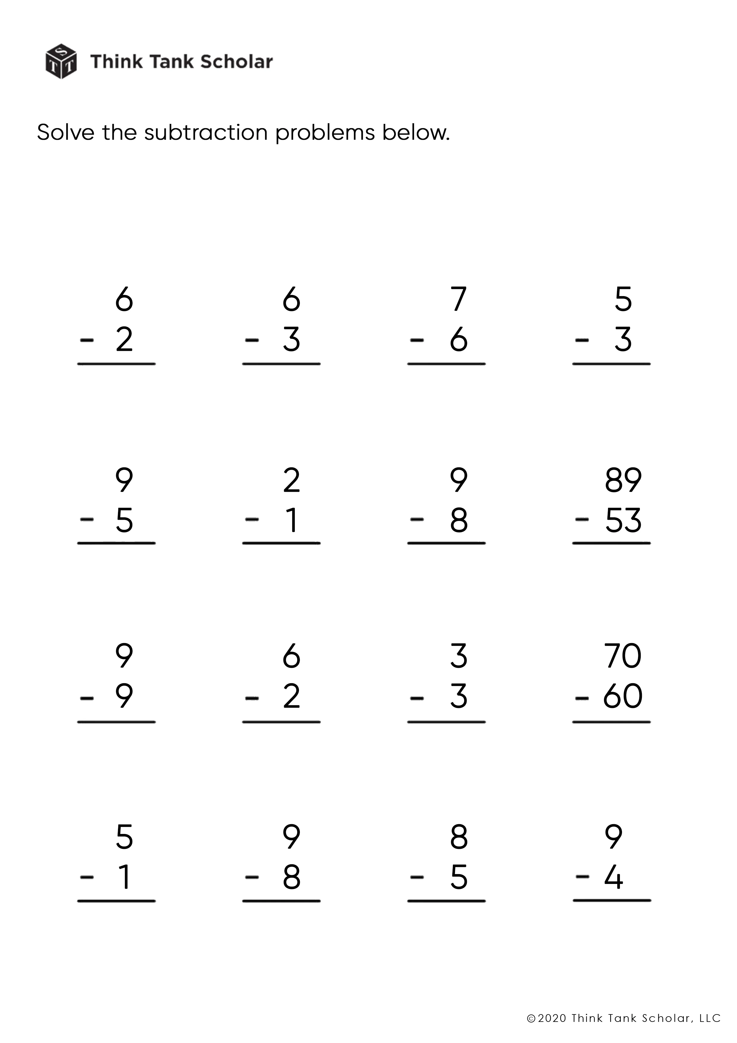 Subtraction Worksheets Exercises Printable PDF (FREE) - Think Tank ...