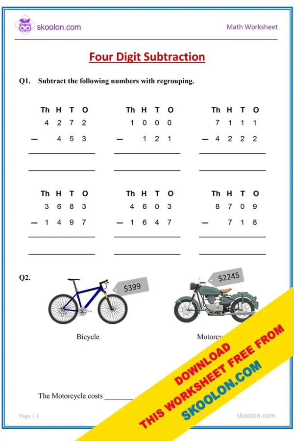 Four Digit Subtraction Worksheet-5 - skoolon.com