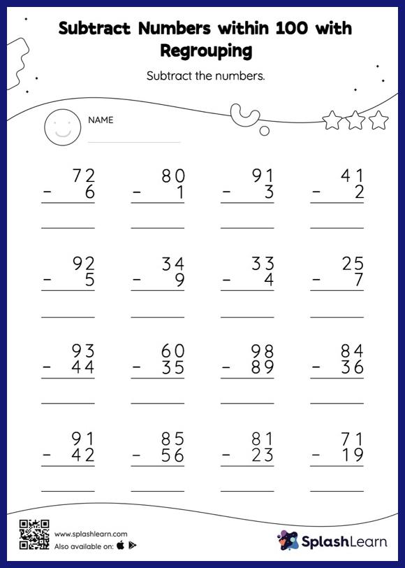 Subtract Numbers within 100 with Regrouping: Vertical Subtraction ...