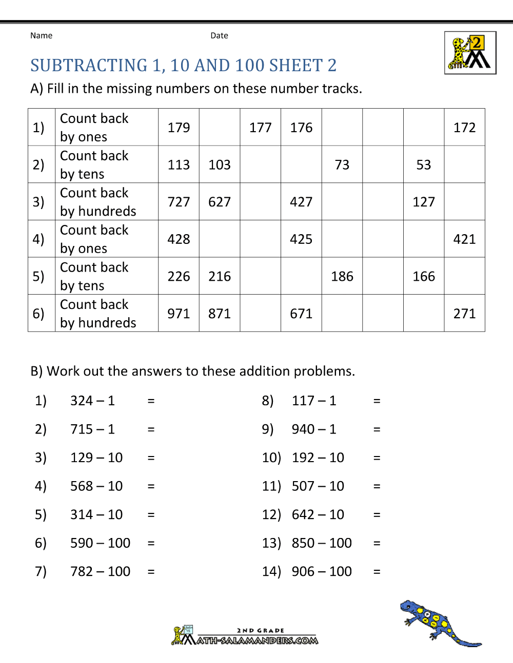 Subtract 1 10 100 Worksheets