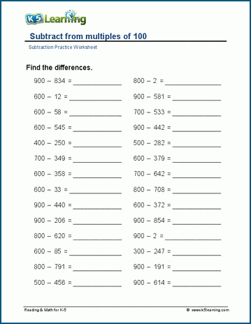 Subtracting from multiples of 100 worksheets | Worsheets library