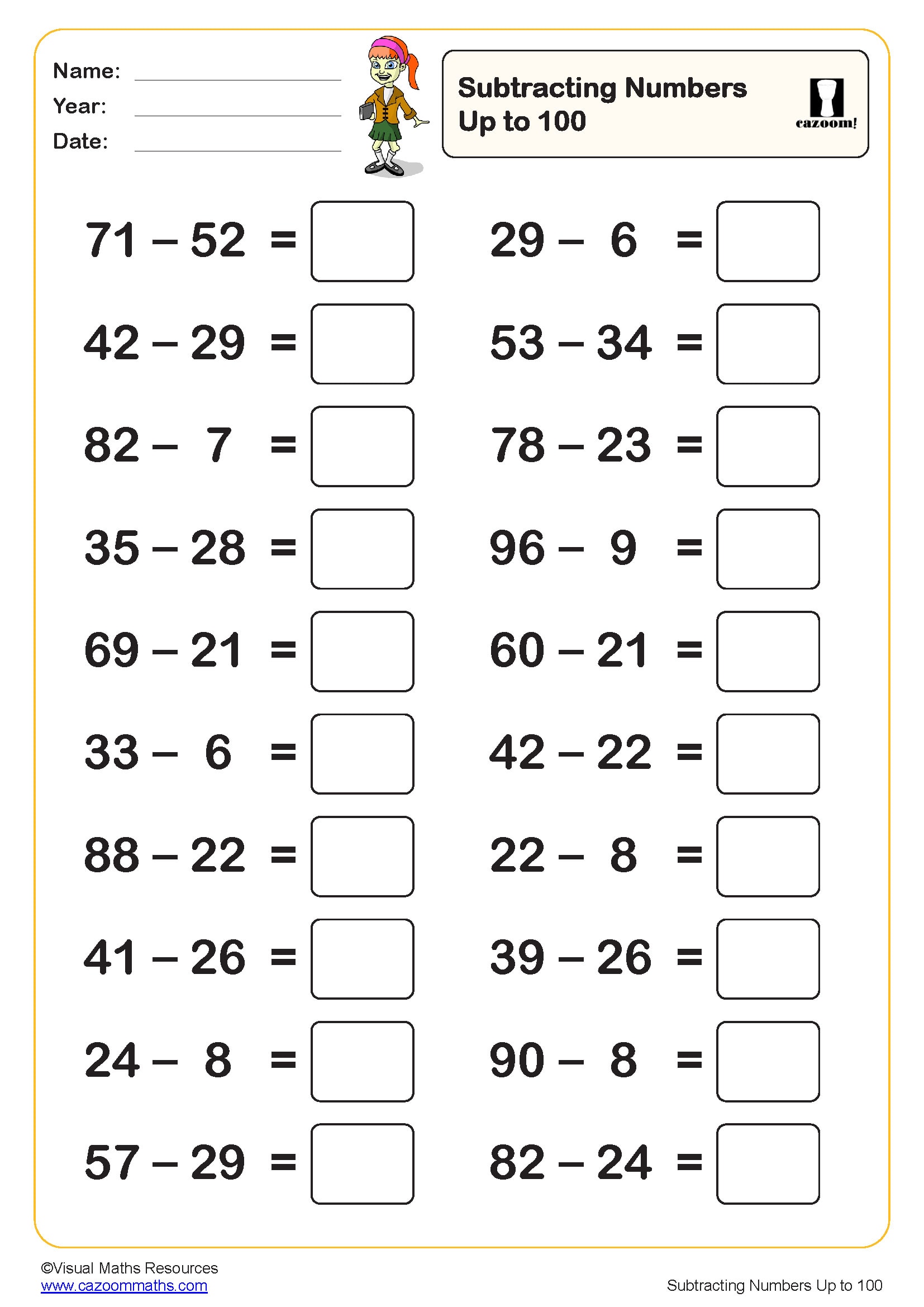 Subtracting Numbers Up to 100 Worksheet | Key Stage 1 PDF ...