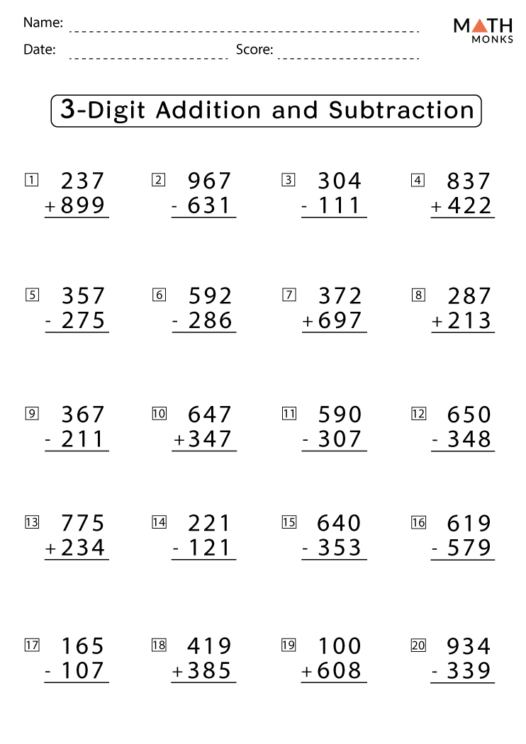 Addition and Subtraction Worksheets with Answer Key
