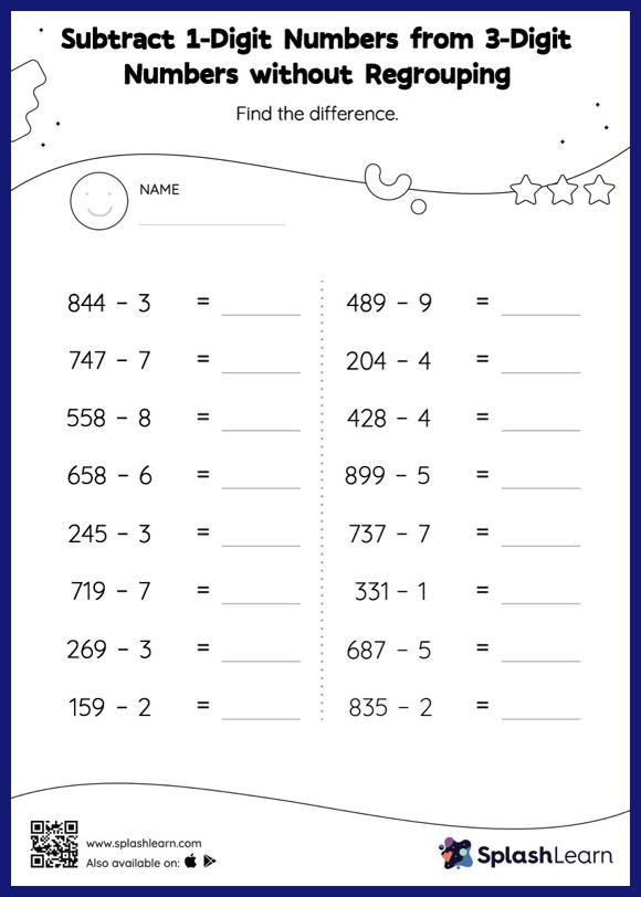 Subtract 1-Digit Numbers from 3-Digit Numbers without Regrouping ...