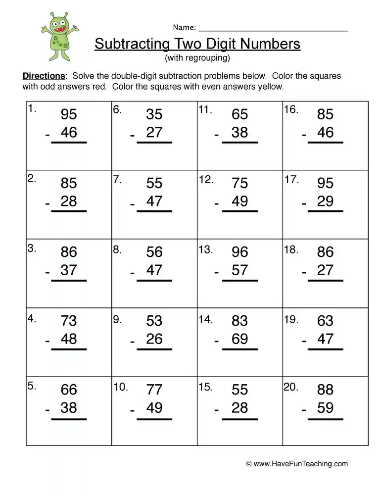 Alien Double Digit Subtraction Regroup Worksheet by Teach Simple