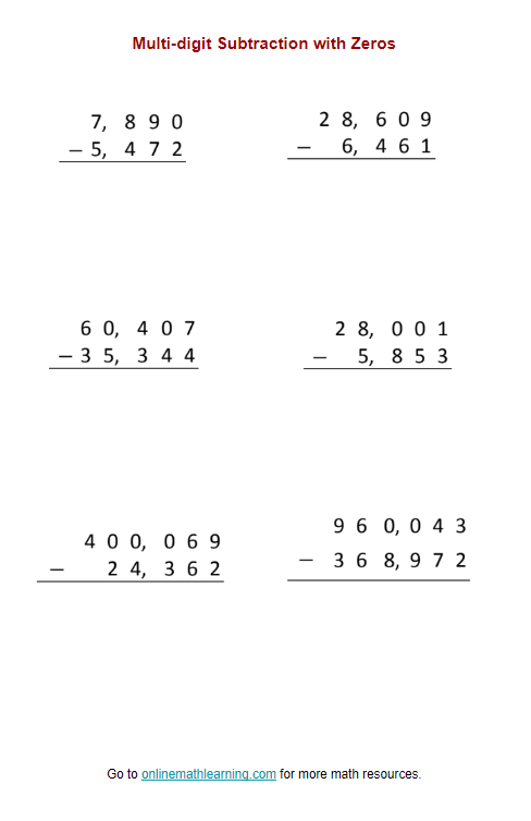 subtraction worksheet with borrowing 4 digits