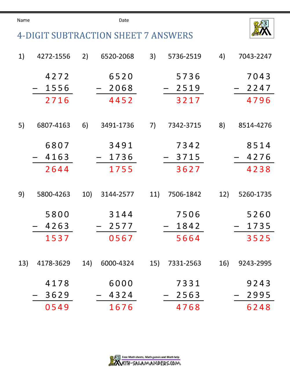 4 Digit Subtraction Worksheets