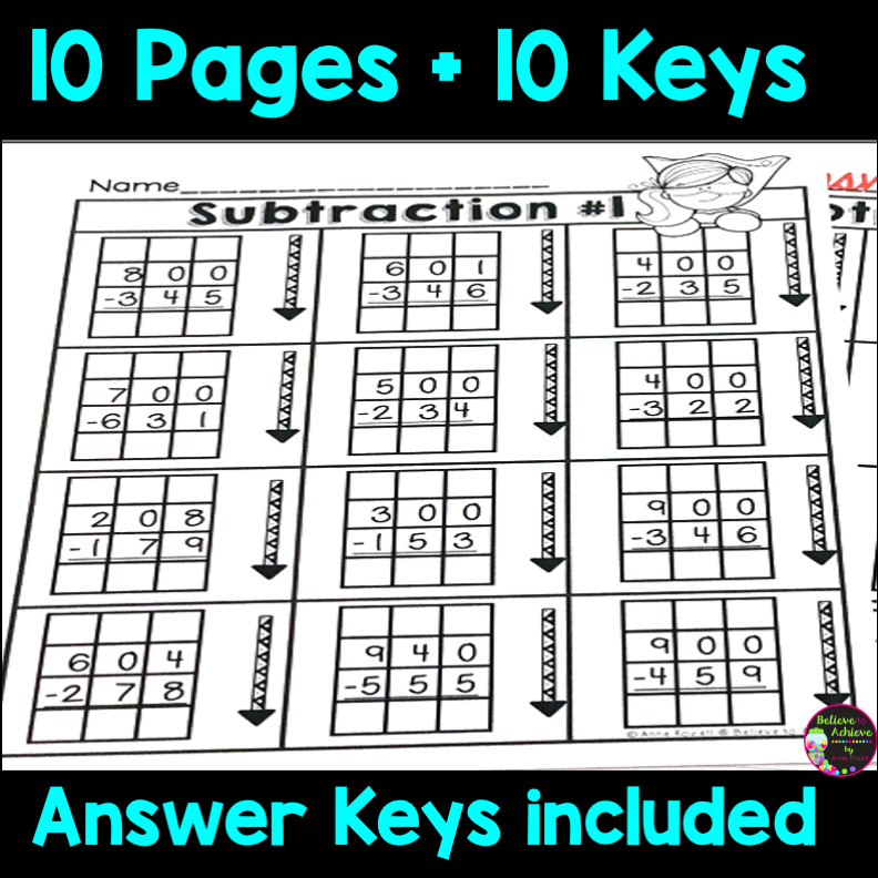 3-Digit Subtraction Across Zeros Worksheets