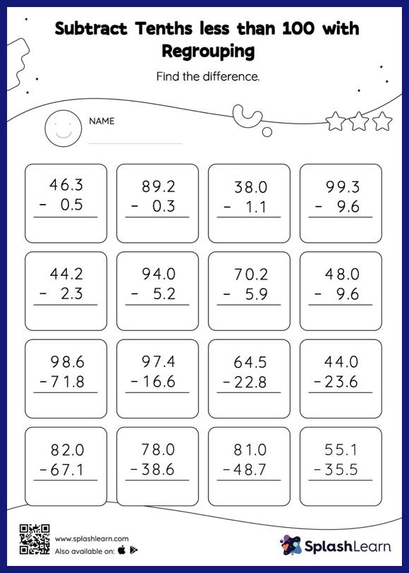Subtract Tenths less than 100 with Regrouping: Vertical ...