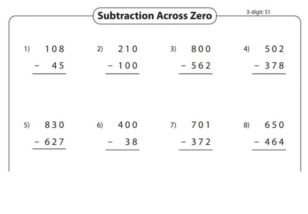 subtraction worksheet with borrowing and zeros