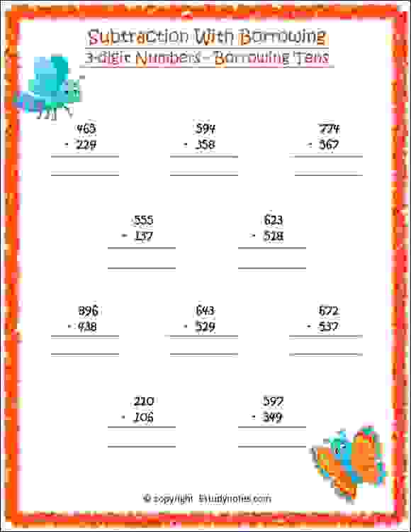 subtraction worksheet with borrowing and