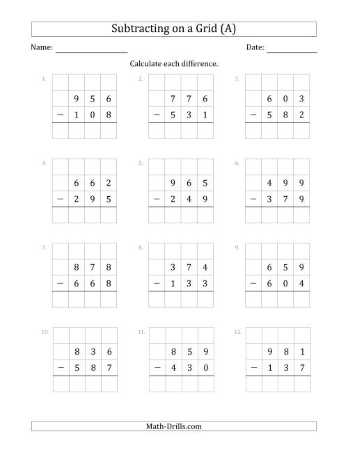 Subtracting 3-Digit Numbers from 3-Digit Numbers With Grid Support (A)