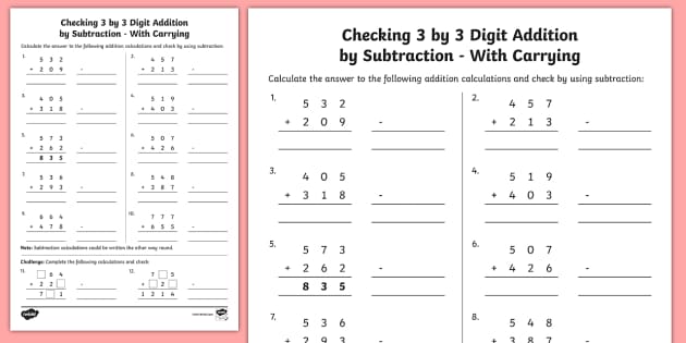 subtraction worksheet with check addition