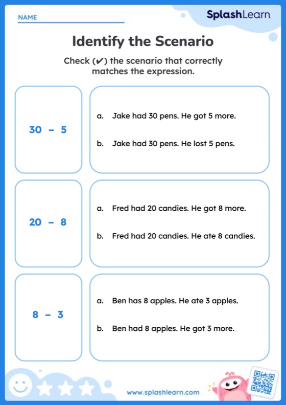 Identify the Correct Subtraction Scenario — Printable Math Worksheet