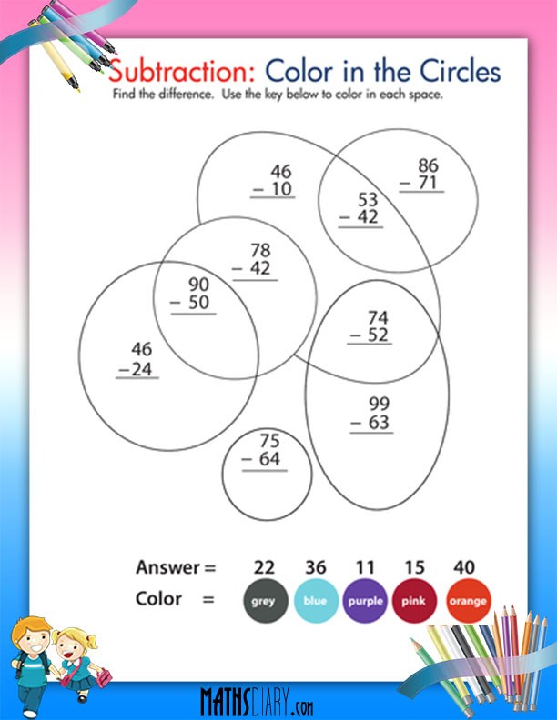 Subtraction and coloring worksheets - Math Worksheets - MathsDiary.com