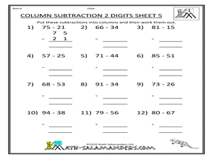 Column Subtraction with 2 Digit Numbers Worksheet for 2nd - 3rd ...
