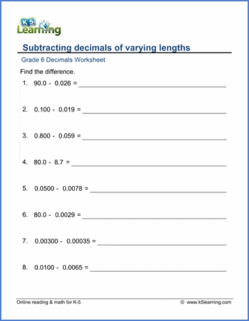 Grade 6 Math Worksheets: Subtracting decimals of varying lengths ...