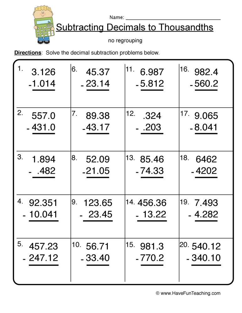 Subtract to Thousandths Decimal Worksheet  