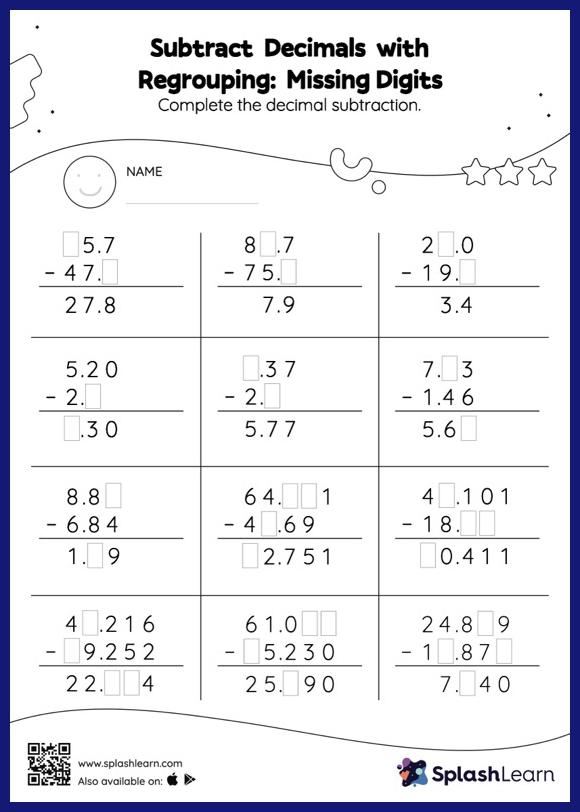 Subtract Decimals with Regrouping: Missing Digits - Math ...