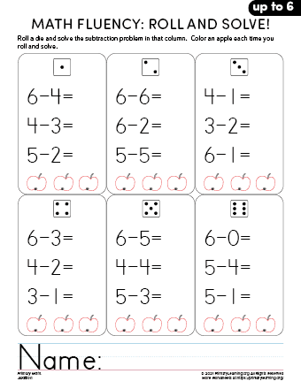 Subtraction Fluency - Roll &  Solve Subtraction Within 6 ...